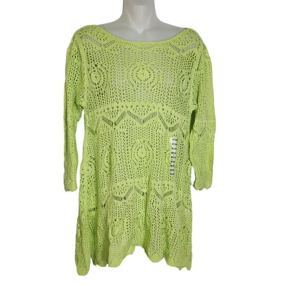 Jeanne Pierre Womens Sweater Medium Open Knit Crochet Green Asymmetrical Hem - Picture 1 of 9